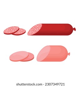 Vector cartoon image of meat products. The concept of farm fresh meat, smoked sausages, etc. Cooking and selling elements for your design.