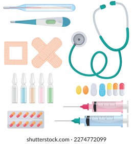 Vector cartoon image of medical items. The concept of healthcare, treatment and health. Hospital elements for your design.
