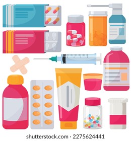 Vector cartoon image of medical supplies. The concept of healthcare, treatment and recovery. Hospital elements for your design.