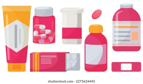 Vector cartoon image of medical supplies. The concept of healthcare, treatment and recovery. Hospital elements for your design.