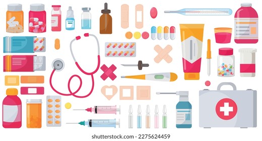 Vector cartoon image medical supplies  The concept healthcare  treatment   recovery  Hospital elements for your design 