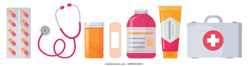 Vector cartoon image of medical supplies. The concept of healthcare, treatment and recovery. Hospital elements for your design.