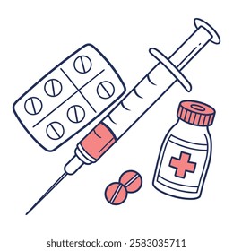 Vector cartoon image of medical supplies. The concept of healthcare, treatment and recovery. Hospital elements for your design.