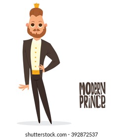 Vector cartoon image of a modern prince. Man with brown hair, mustache and beard. Man in black tuxedo, white shirt and gold crown. Prince standing on white background. Vector illustration of a prince.