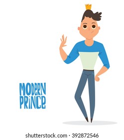 Vector cartoon image of a modern prince. Man with black wavy hair. Man in blue jeans, blue-white sweater and gold crown. Prince is waving his hand on white background. Vector illustration of a prince.
