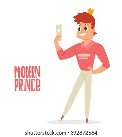 Vector cartoon image of a modern prince. Man with brown hair. Man in white trousers, pink shirt and gold crown. Prince with a smartphone in hand on a white background. Vector illustration of prince.