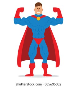 Vector cartoon image of a muscular man superhero with brown hair in a blue suit, red boots, gloves and red cloak, standing in a pose bodybuilder and smiling on a white background. Vector illustration.