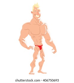 Vector cartoon image of a muscular man on the beach with blond hair in red swimming trunks standing and smiling on a white background. Holidays, vacation, beach. Vector illustration.