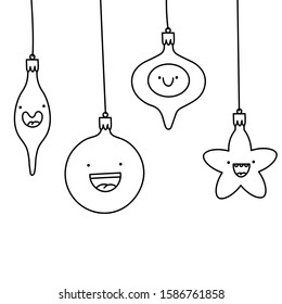 Vector cartoon image, New Year, Christmas toys. Christmas decorations on a Christmas tree. Set, collection of characters, mascots of glass x-mas toys. Coloring, contour drawing, greeting card.
