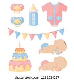 Vector cartoon image of objects for babies. The concept of children, taking care of the baby. Cute design elements.
