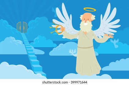 Vector cartoon image old male angel background heaven  Old male angel and gray hair   beard  halo  and keys  in white chasuble  Blue background and clouds  angels  stairs   gates