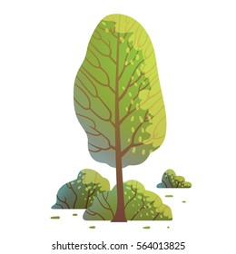 Vector cartoon image of an oval green tree with a brown trunk and branches, with small green bushes below on a white background. Nature, forest. Vector illustration.