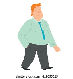 Vector cartoon image of an overweight man with curly ginger hair in black trousers, light blue shirt and blue tie walking and smiling on white background. Happy overweight man. Vector illustration.