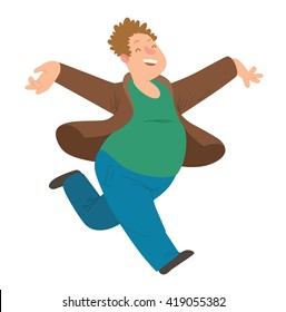 Vector cartoon image of an overweight man with curly brown hair in blue pants, a green shirt and brown jacket running and smiling on a white background. Happy overweight man. Vector illustration.