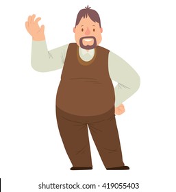 Vector cartoon image of an overweight man with black hair and beard in brown pants, white shirt and brown vest standing and smiling on white background. Happy overweight man. Vector illustration.