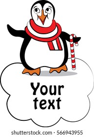 Vector cartoon image of penguin on a cloud with candy and in a striped scarf