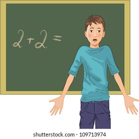 Vector cartoon image of a perplexed boy at blackboard in classroom