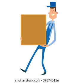 Vector cartoon image of a porter man with dark hair. Man in blue overalls and cap. Porter man is carrying a large square yellow box in his hands. Cartoon loader man. Vector illustration. 