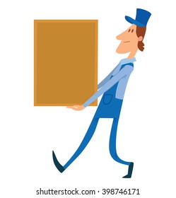 Vector cartoon image of a porter man with bright brown hair. Man in blue overalls and cap. Porter man is carrying a large rectangular yellow box in his hands. Cartoon loader man. Vector illustration. 