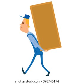 Vector cartoon image of a porter man with blond hair. Man in blue overalls and cap. Porter man is carrying a large rectangular yellow box behind his back. Cartoon loader man.  Vector illustration. 