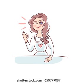 Vector cartoon image portrait of smiling winking brunette girl saying "ok", vector illustration, standing, presenting something and smiling on a white background. Sale, shop, beauty, presentation 