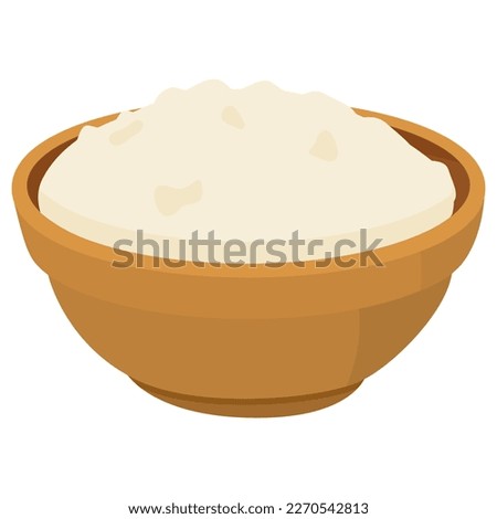 Vector cartoon image of pottery with flour. A plate of rice, dough.  The concept of cooking and delicious food. An element for your design