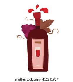 Vector cartoon image of a red wine bottle with purple grapes, brown leaves and label with a glass of red wine on a white background. Bottle of wine. Vector illustration.