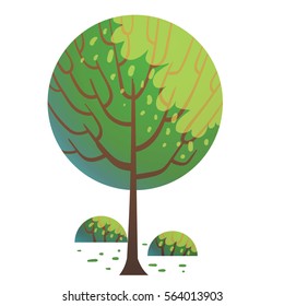 Vector cartoon image of a round green tree with a brown trunk and branches, with small green bushes below on a white background. Nature, forest. Vector illustration.