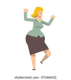 Vector cartoon image of a rounded angry business woman with yellow hair in a gray blouse and black skirt, standing and cursing on a white background. Vector illustration of geometric business woman.