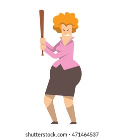 Vector cartoon image of a rounded angry business woman with ginger hair in a lilac blouse, black skirt with a baseball-bat in hands on white background. Vector illustration of geometric business woman