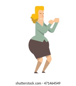 Vector cartoon image of a rounded business woman with yellow hair in a gray blouse and black skirt going with someone to fight on a white background. Vector illustration of geometric business woman.
