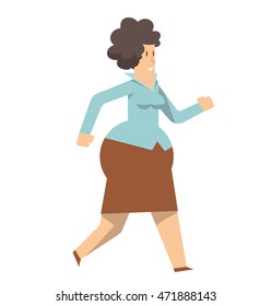 Vector cartoon image of a rounded business woman with black hair in a blue blouse and brown skirt, walking somewhere and smiling on a white background. Vector illustration of geometric business woman.
