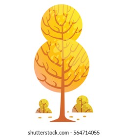 Vector cartoon image of a roundish yellow tree with brown trunk and branches, with small yellow bushes below on a white background. Nature, forest. Vector illustration.