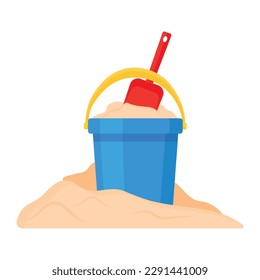 Vector cartoon image of a sand shovel and bucket. The concept of recreation, travel and the beach. Colorful elements for design.