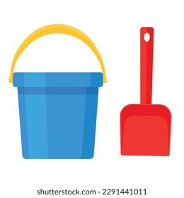 Vector cartoon image of a sand shovel and bucket. The concept of recreation, travel and the beach. Colorful elements for design.