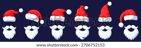 A vector cartoon image of Santa Claus's red hat, cap, and beard. An element for your design to create a festive mood for Christmas and New Year.