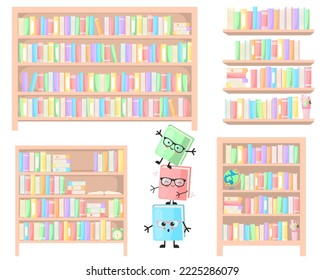 Vector cartoon image of a set of a bookcase and a bookshelf of a library or bookstore. Interior design for the home and for the children's room. The concept of education and study