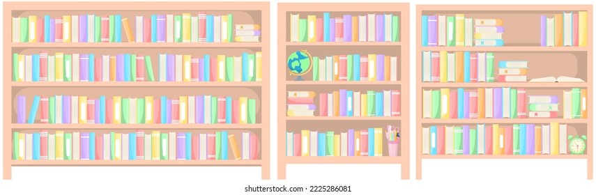 Vector cartoon image of a set of a bookcase and a bookshelf of a library or bookstore. Interior design for the home and for the children's room. The concept of education and study