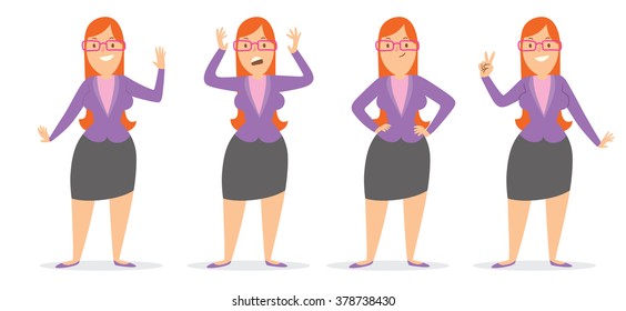 Vector cartoon image of a set of a business woman wearing glasses with long red hair in a black skirt and purple blouse, in different poses, smiling on a white background. Vector illustration. 