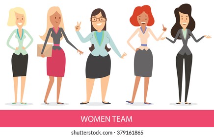 Vector cartoon image of a set of business women with different looks, different hair colors and different clothes, standing and smiling on a white background. Business. Women team. Vector illustration