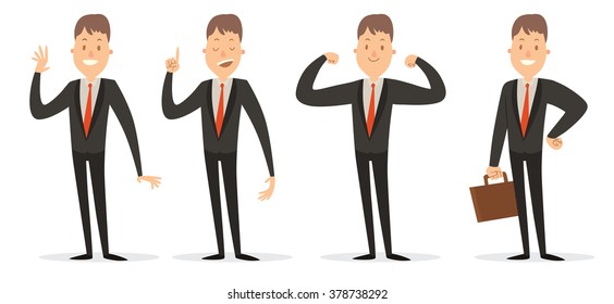 Vector cartoon image of a set of a businessman with brown hair in a black suit in different poses, smiling, with a briefcase in hand, showing the index finger on a white background.Vector illustration
