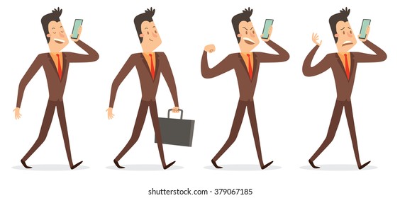 Vector cartoon image of a set of a businessman with black hair in a brown suit in different poses, walking, with briefcase in hand, talking on a smartphone on a white background. Vector illustration.