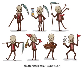 Vector cartoon image of a set of cute deaths in a brown suits, pink shirts and red ties in different poses with different attributes in hands on a light background. Holiday, fun. Vector illustration.