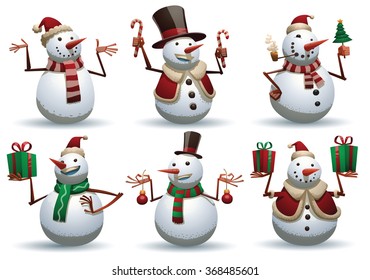 Vector cartoon image of a set of cute white snowmen in different clothes with different attributes of Christmas in hands on a white background. Color image. Christmas, New Year. Vector illustration.