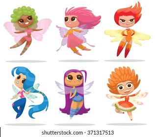 Vector cartoon image of a set of cute female fairies with big eyes, with butterfly wings, with a different hair color and in different clothes on a white background with shadows. Vector illustration.