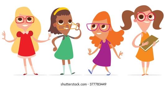 Vector cartoon image of a set of cute little girls in glasses with a different hair color and skin in dresses of different colors and in different poses on a white background. Vector illustration.