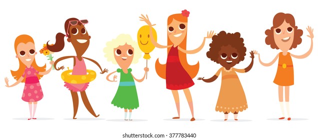 Vector cartoon image of a set of different little girls with different hair color and skin in different clothes and in different poses on a white background. Summer, holidays. Vector illustration.