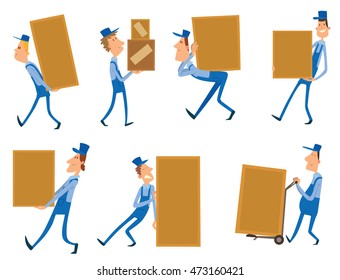 Vector cartoon image of a set of different funny porter men in blue overalls and caps, delivering various yellow boxes on a white background. Vector illustration of loader men.