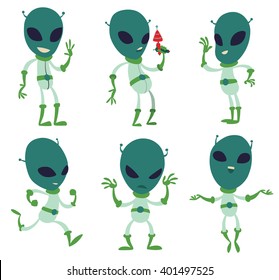 Vector cartoon image of a set of funny green aliens. Green aliens in gray-green spacesuits, in different poses on a white background. Made in a flat style. Vector illustration.