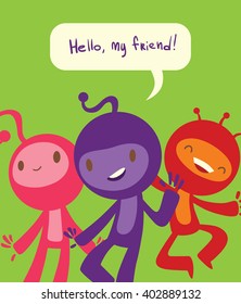 Vector cartoon image of set of funny little creatures pink, purple and red colors with antennas on their heads on a green background. Flat style. Vector illustration.
